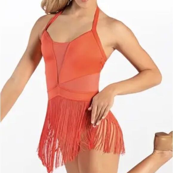 Weissman solo dance costume orange LUSTRE FRINGE HALTER DRESS D11359 SA adult